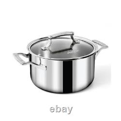 Casserole en acier inoxydable de 4 quarts avec couvercle, entièrement gainée, à trois couches, marmite/cocotte