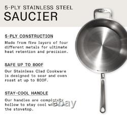 Casserole en acier inoxydable de 5 quart, poêle saucier 5 couches en acier inoxydable professionnel