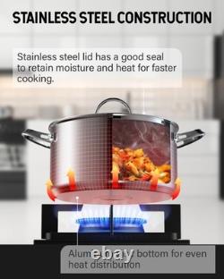 Casserole en acier inoxydable de 6 pintes avec couvercle, grande marmite pour soupe et pâtes