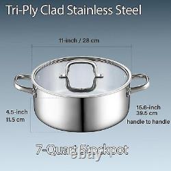 Casserole induction premium de 7 quarts en acier inoxydable tri-ply avec poignées froides