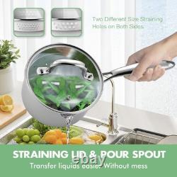 Fracoda casserole en acier inoxydable de 2,5 quarts avec couvercle passoire en verre, casserole à sauce Po