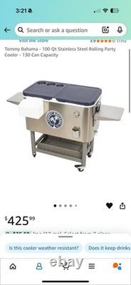 Glaciere de fête roulante Tommy Bahama en acier inoxydable de 100 quarts avec roulettes verrouillables
