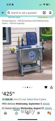 Glaciere de fête roulante Tommy Bahama en acier inoxydable de 100 quarts avec roulettes verrouillables