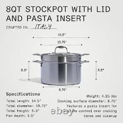 Made in Cookware Casserole en Acier Inoxydable de 8 Quart avec Couvercle et Insert à Pâtes