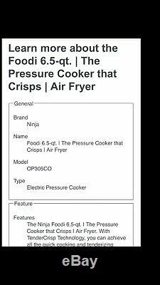 Ninja Foodi Op305 6,5 Pintes Tendercrisp Autocuiseur Air Fryer New Open Box