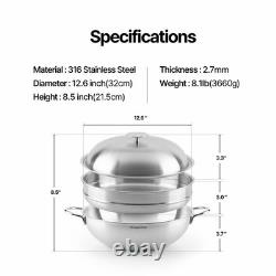 Poêle wok CHEFWIN en acier inoxydable robuste à induction, 12,6 pouces, 6,3 quarts, avec panier vapeur